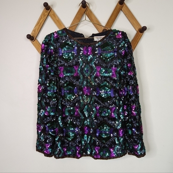 Vintage Tops - Vintage Talbot's Silk Sequin 80s Long Sleeve Blouse Sweater